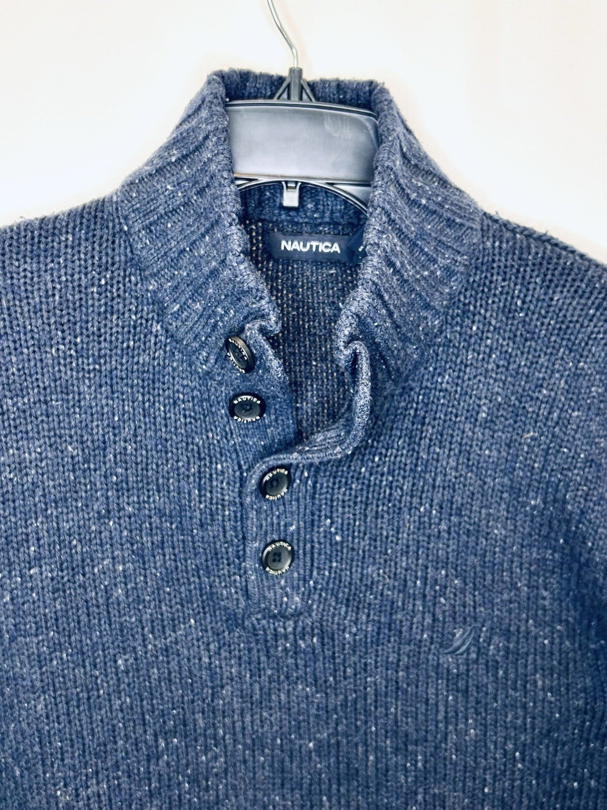 Nautica Men's 4 Button High-Neck Thick Winter Knit Navy Blue Sweater Size XL