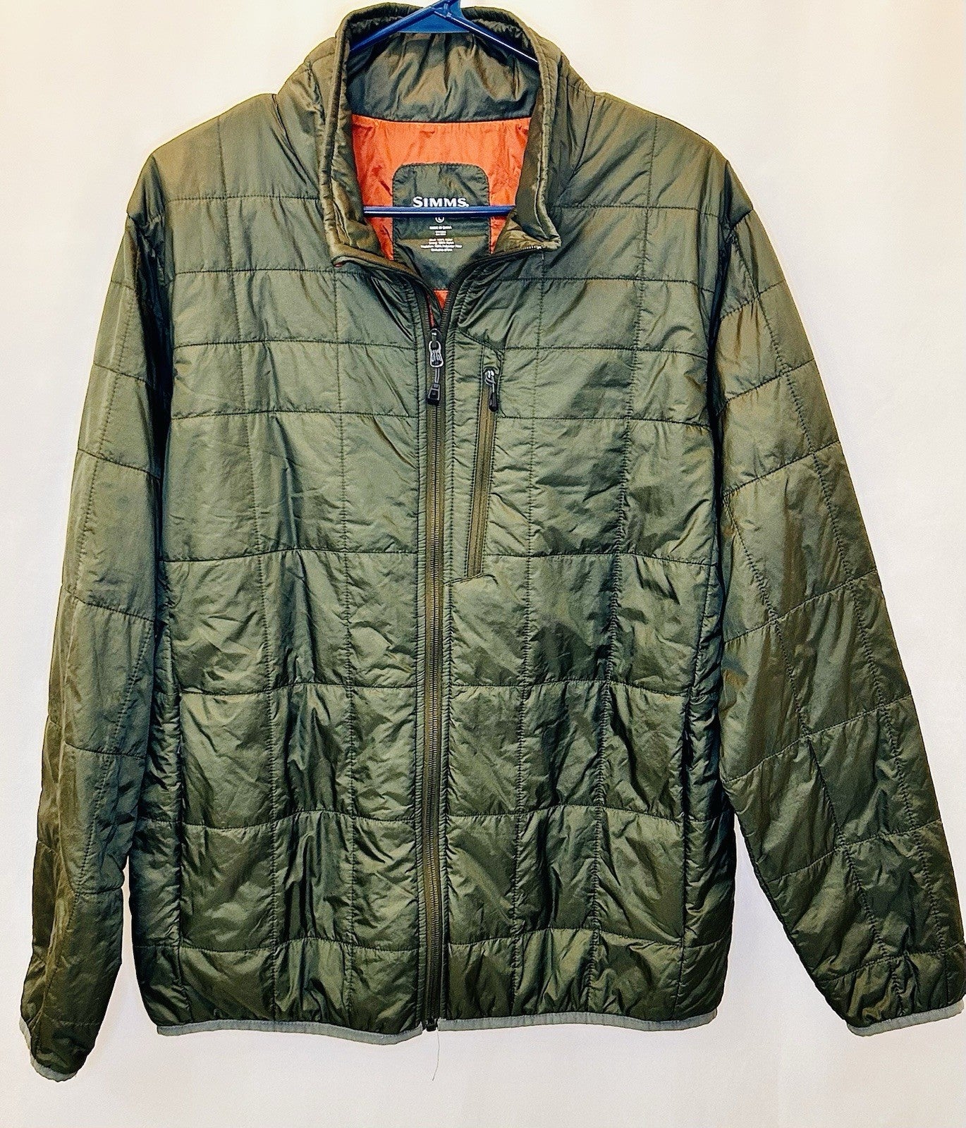 Simms Fishing Olive Green/Orange Thin Puffer Jacket - Men’s L Large - Portland