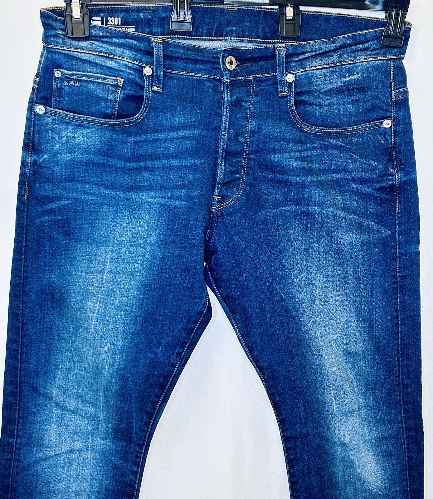 G-Star Raw Jeans Men’s 34x30 Blue Denim Slim 3301 Straight Tapered