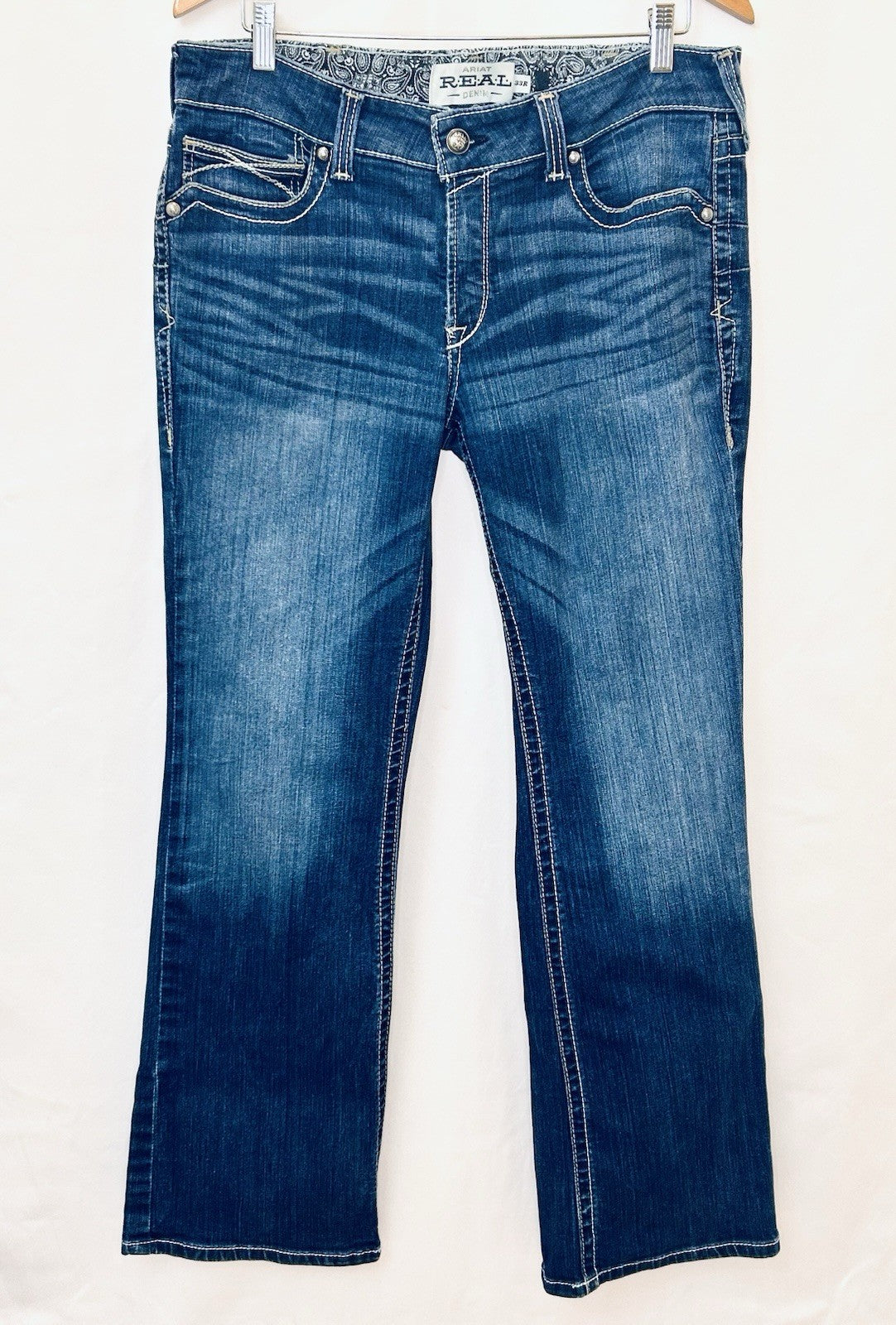 Ariat Real Jeans Women's 33R Blue Denim Mid Rise Bootcut Marine Entwined Stitch