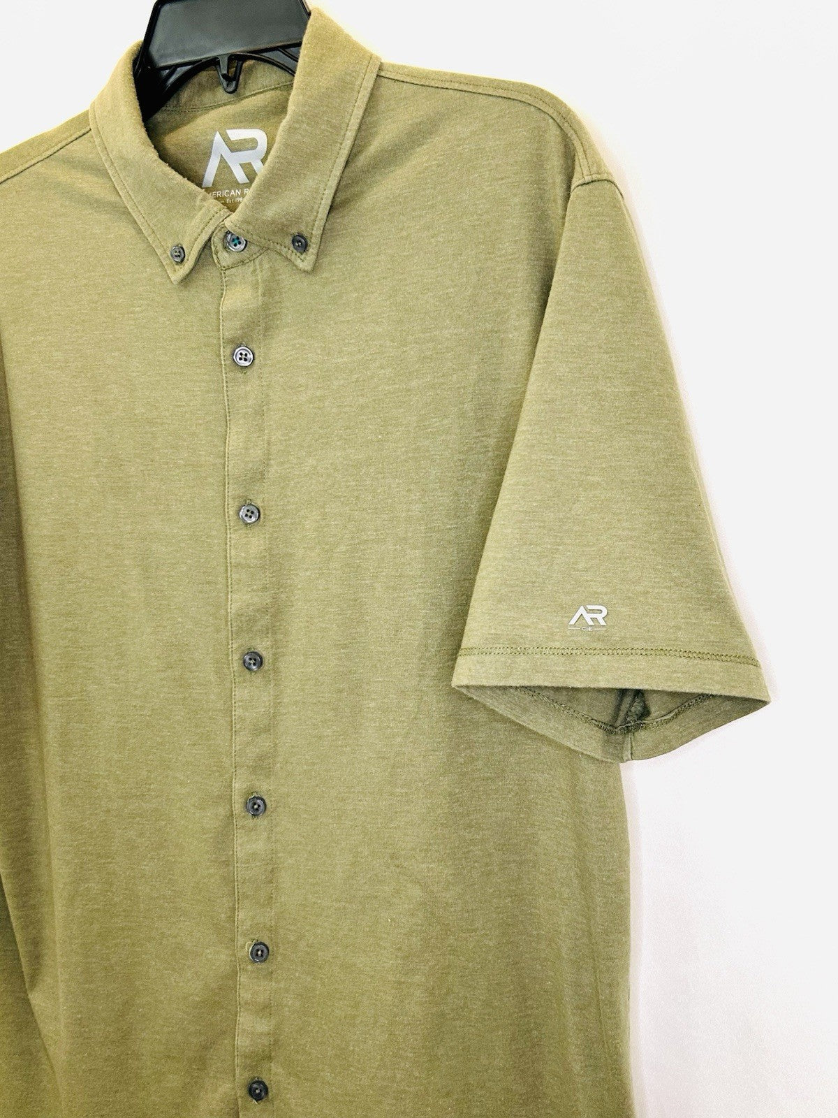 American Rag Mens Shirt Short Sleeve Snap Button Up Military Collar Green Sz L