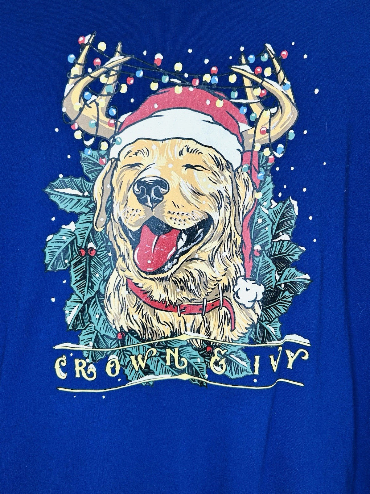 Crown & Ivy Men’s Large Blue Long Sleeve Golden Retriever Christmas Graphic Tee