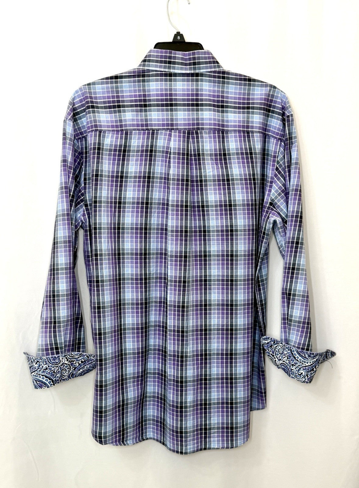 Alan Flusser Mens Medium M Purple Plaid Paisley Trim LS Button Front Sport Shirt