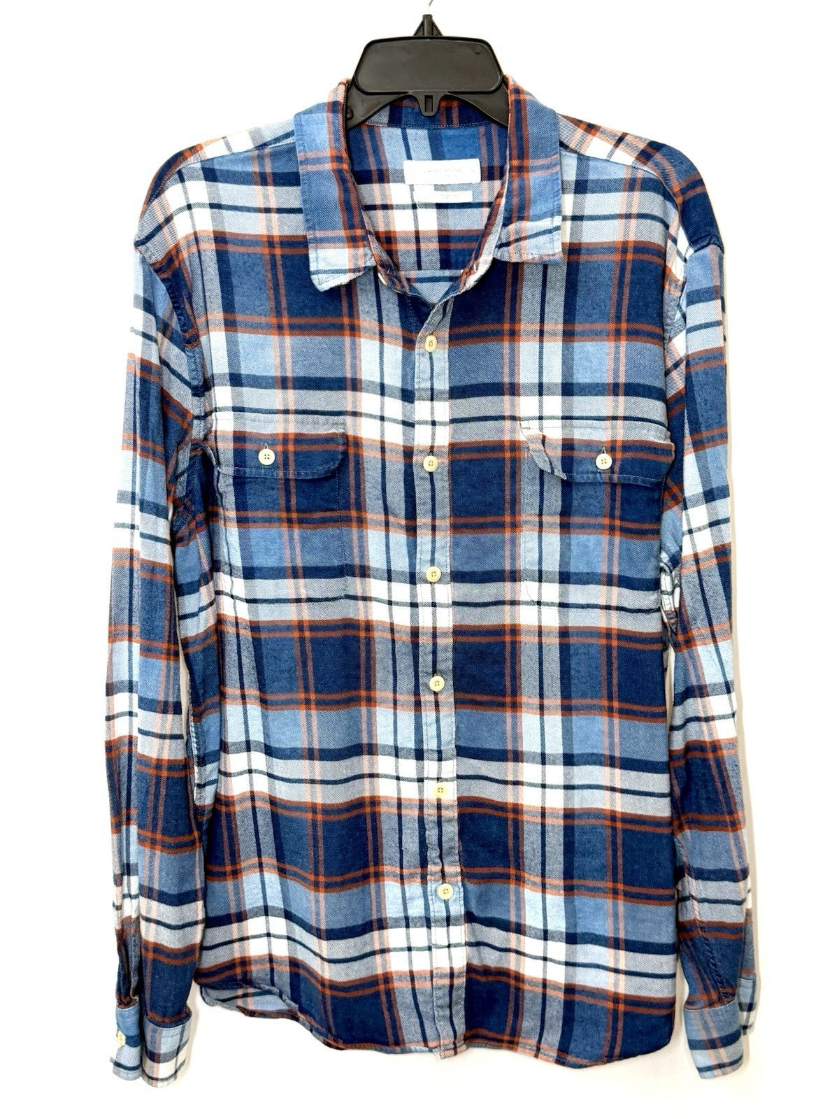 Lucky Brand Men's XL Flannel Shirt Classic Fit Blue Orange Plaid Double Pocket