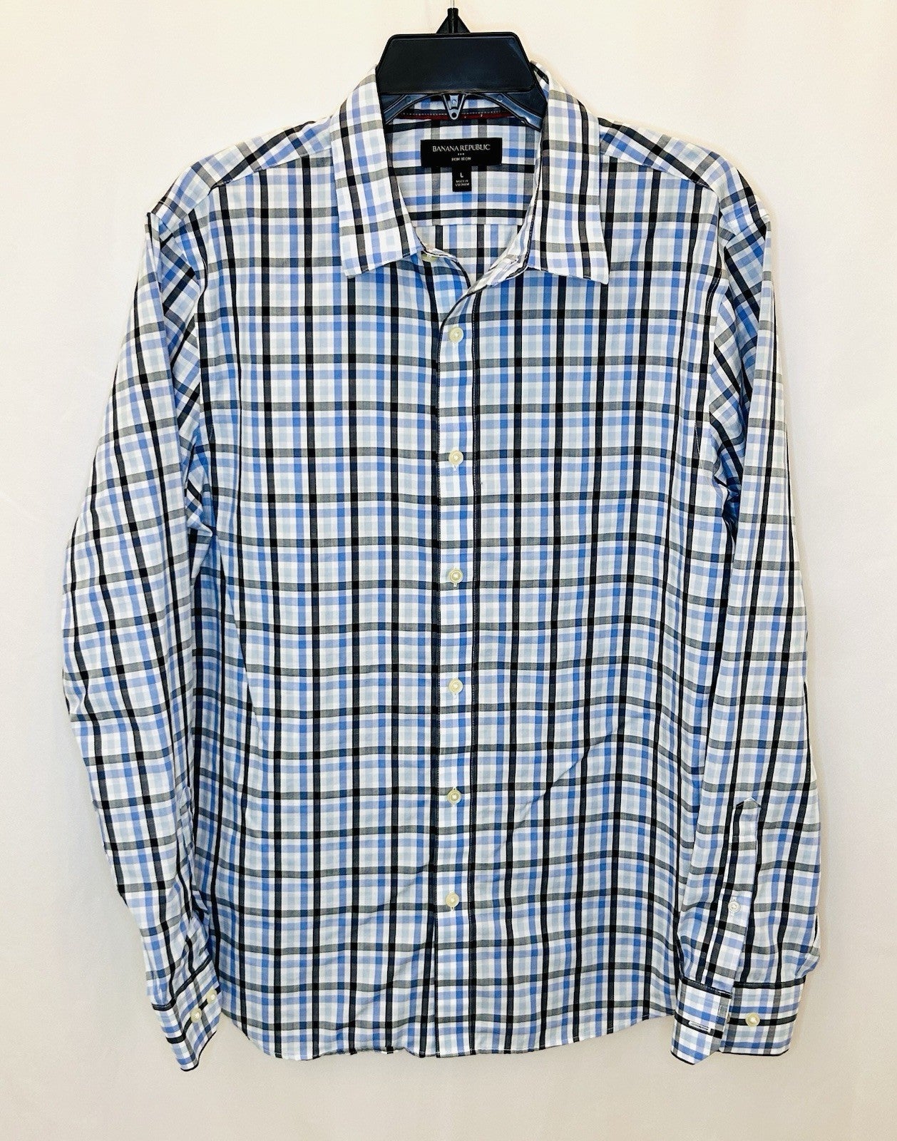 BANANA REPUBLIC Mens Blue Plaid Untucked Fit Shirt Stretch Size L Large