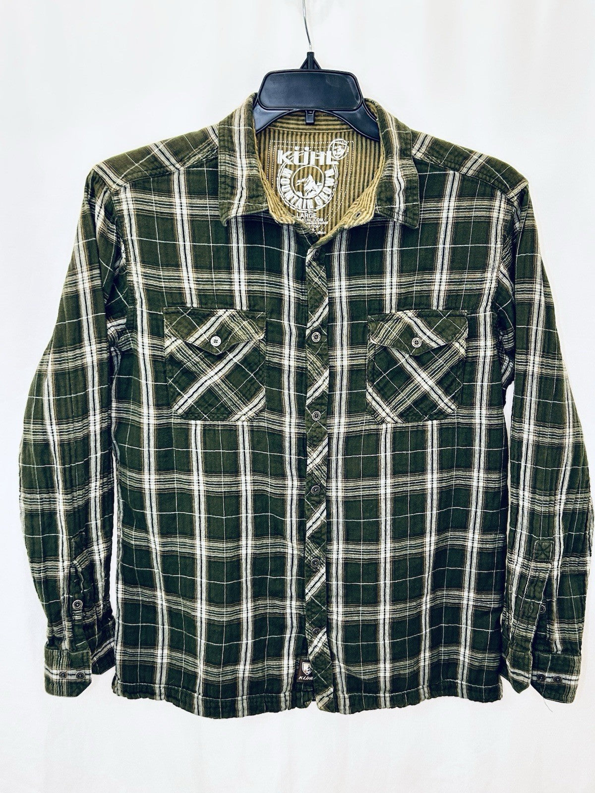 Kuhl Flannel Mens Large Beige Dillingr Plaid Hiking Outdoor Soft Long Sleeve