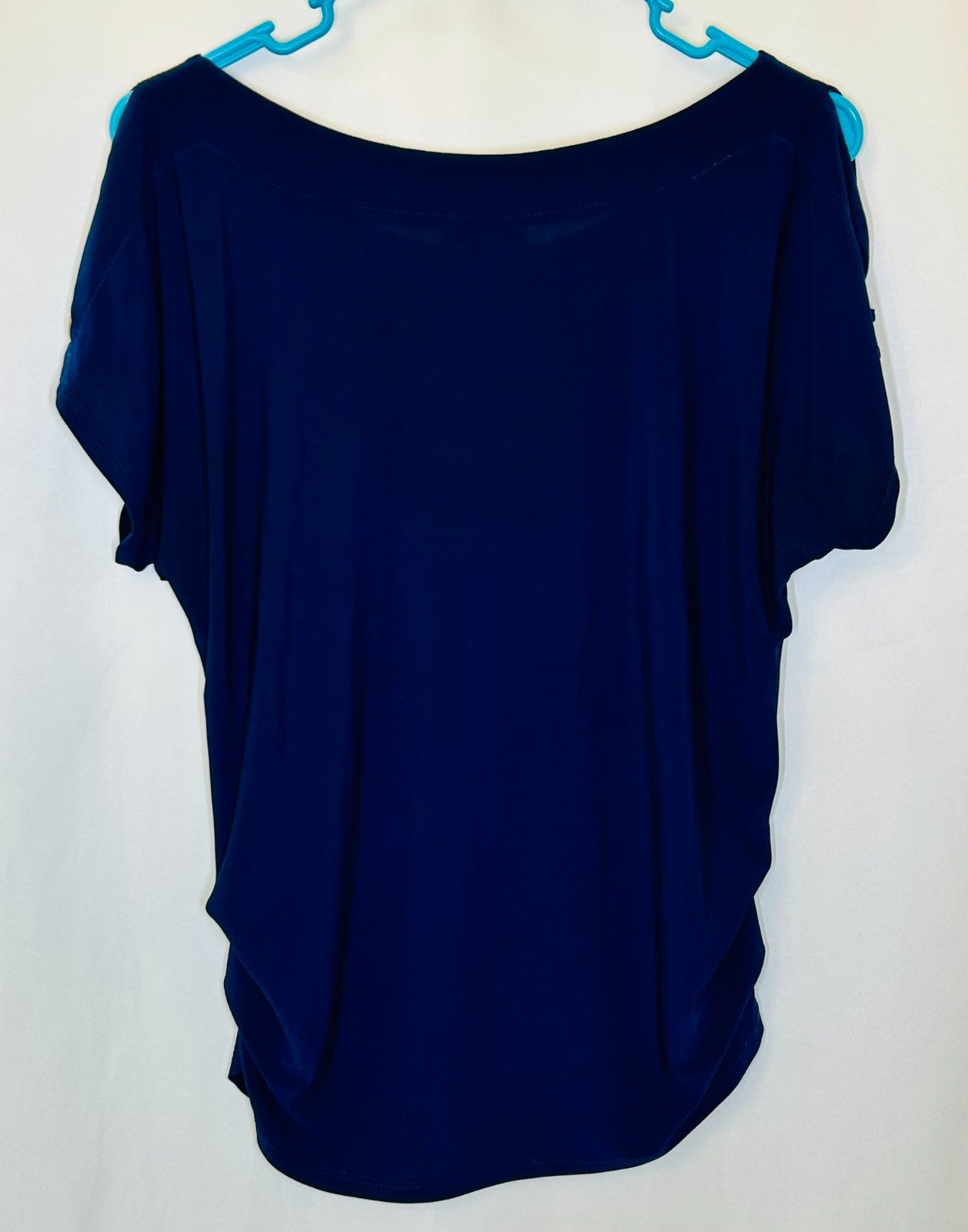 Luxology top Sz M Blue boxy ruched cold shoulder short sleeve Karen Scott