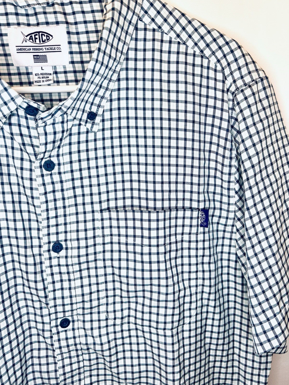American Fishing Tackle Co AFTCO Mens Large Short Sleeve Blue Shirt Plaid Button