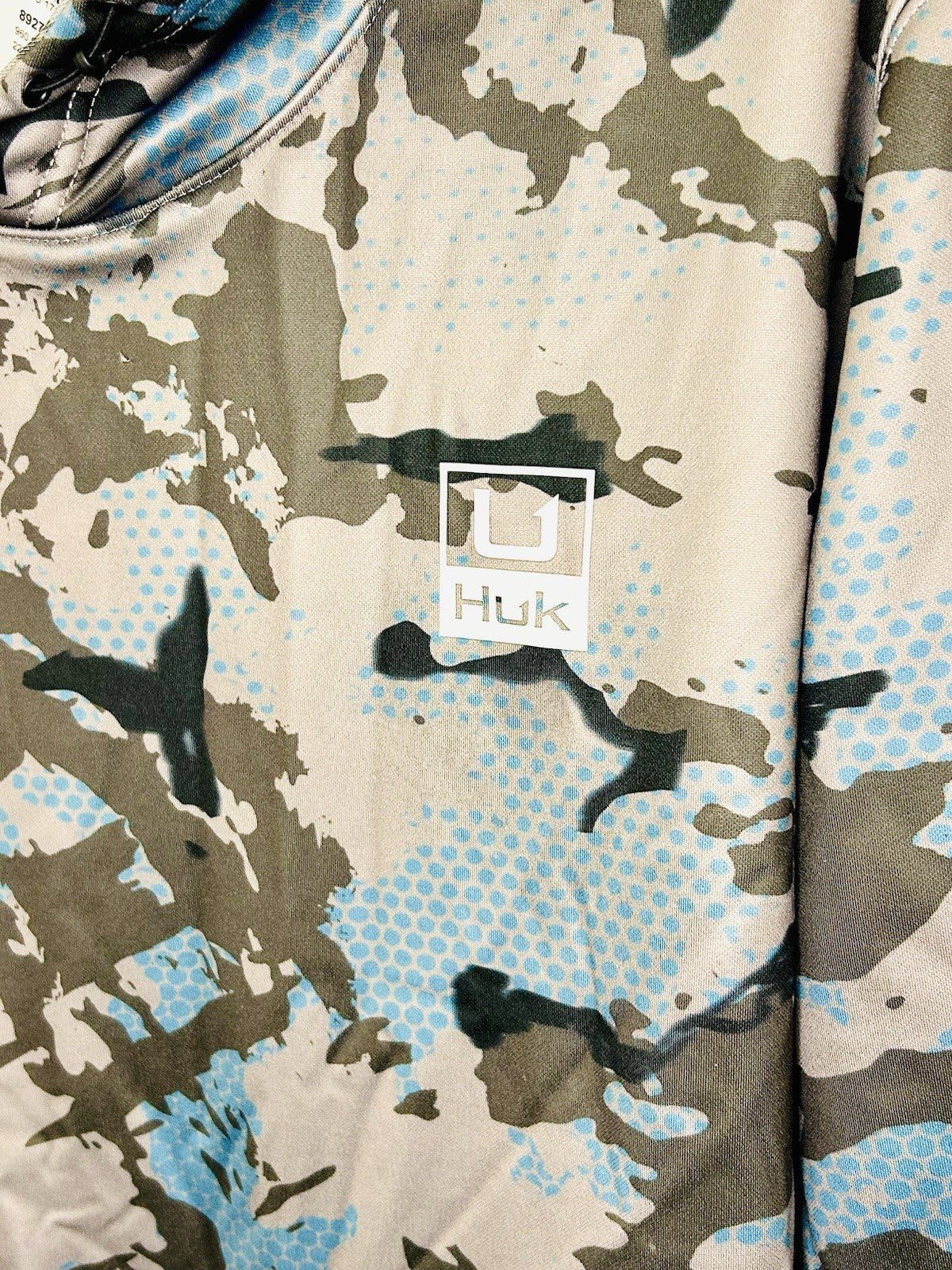 NWT Huk Coldfront+ Performance Logo Hoodie Men’s XL Blue/Grey Camo Pattern