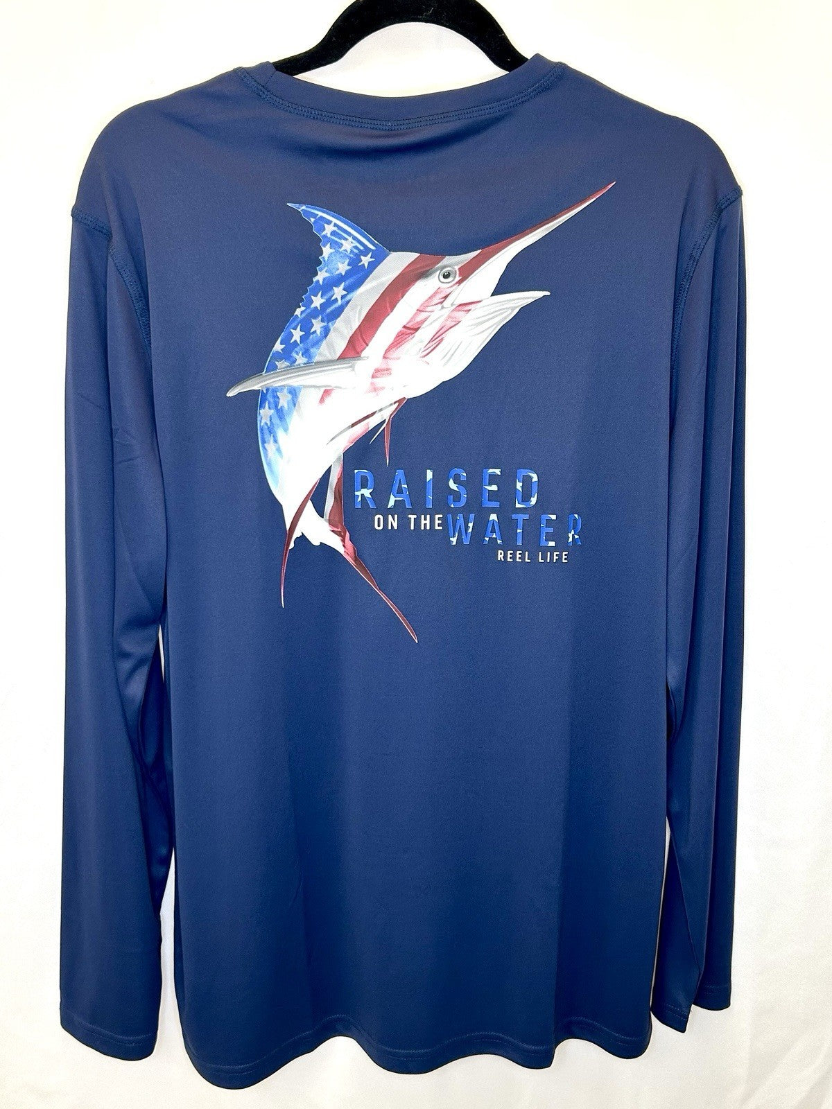 NWT Reel Life Sz Medium “Raised On The Water” L/S T-shirt Patriotic Swordfish