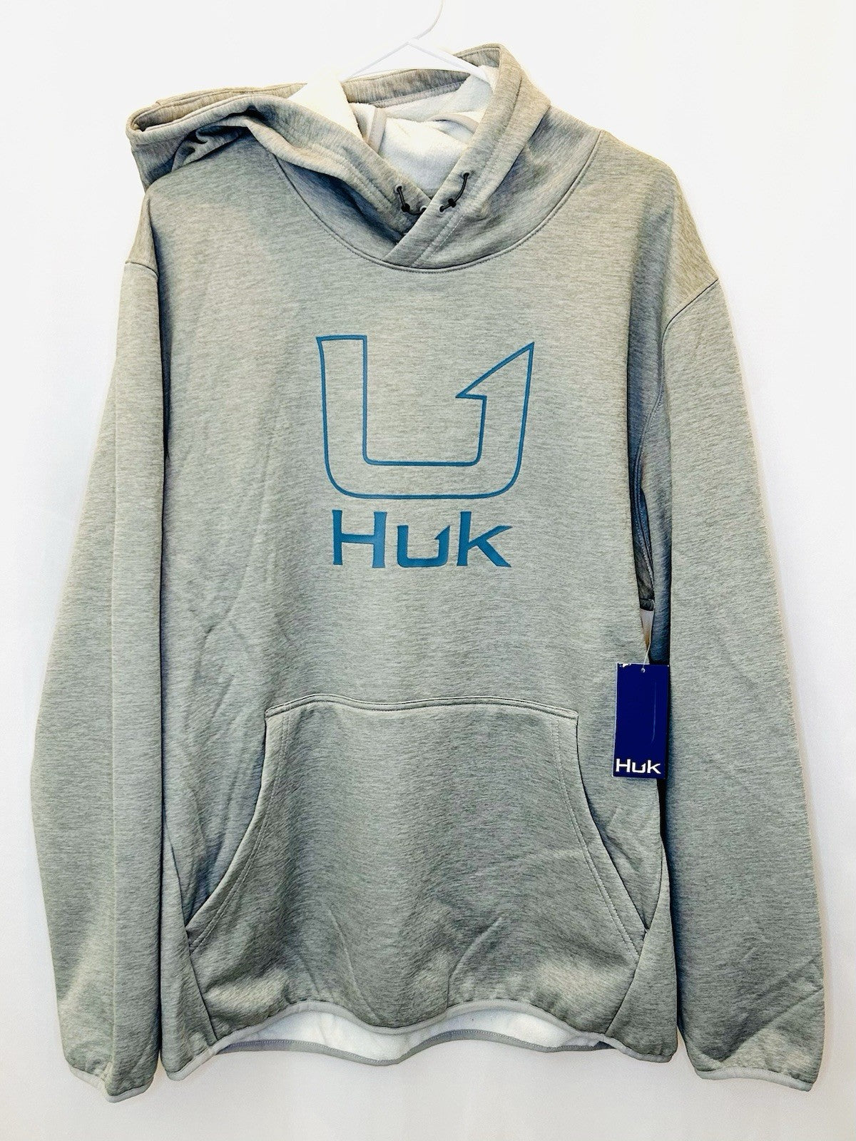 NWT Huk Coldfront+ Performance Logo Hoodie Men’s XL Grey/Light Blue Logo