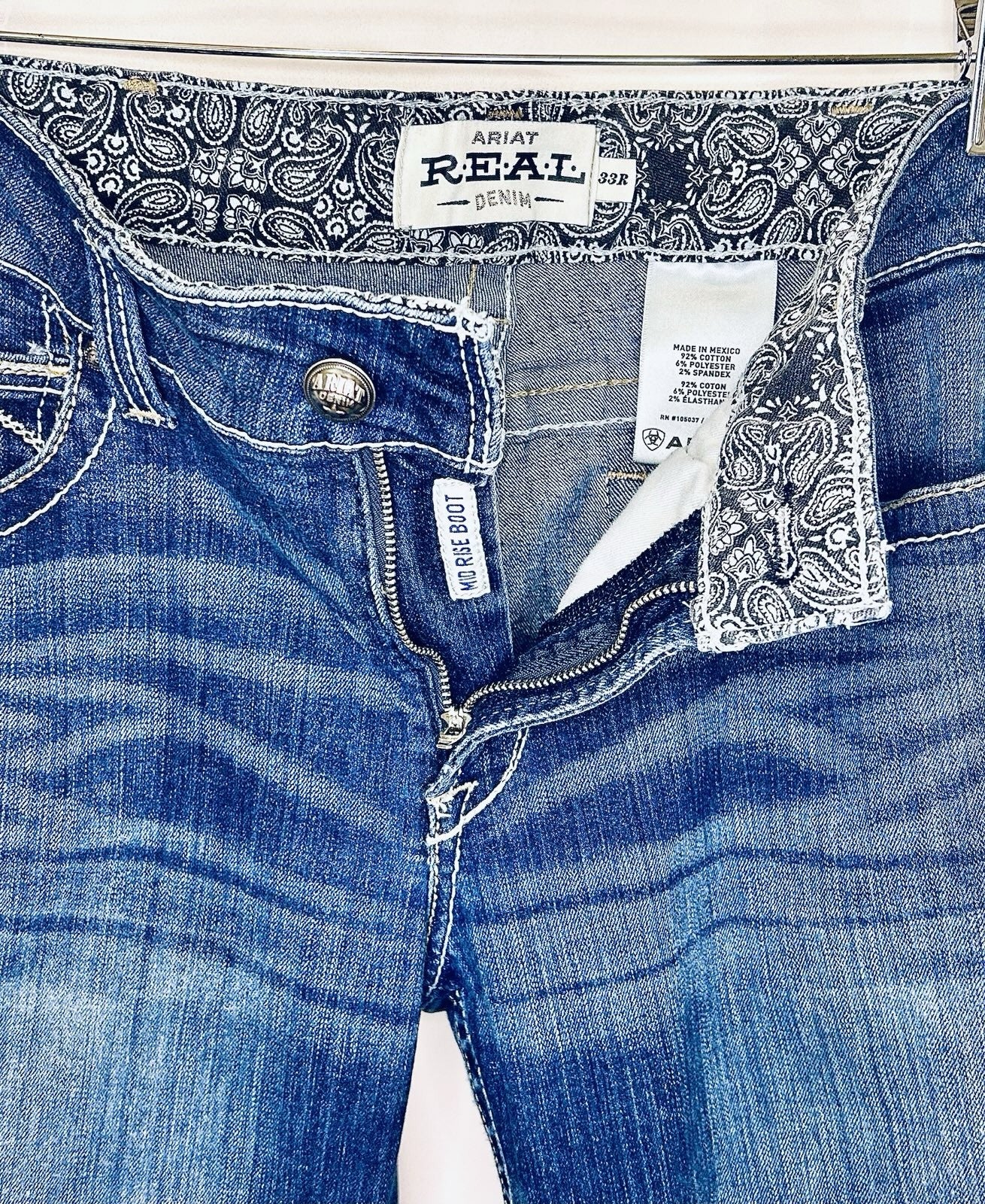 Ariat Real Jeans Women's 33R Blue Denim Mid Rise Bootcut Marine Entwined Stitch