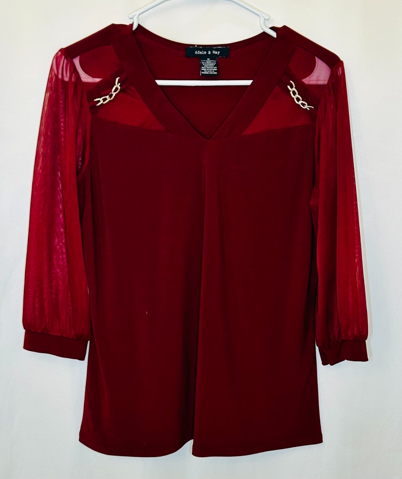 Adele & May Woman's Red Sheer Sleeve V-Neck Blouse Size Medium