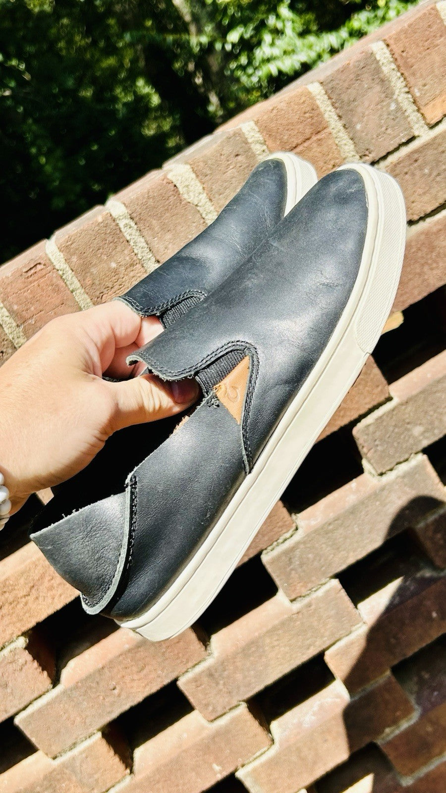 OluKai Women's 7 Shoes Black Slip-On Sneakers Pehuea Leather Loafer Boat Shoes