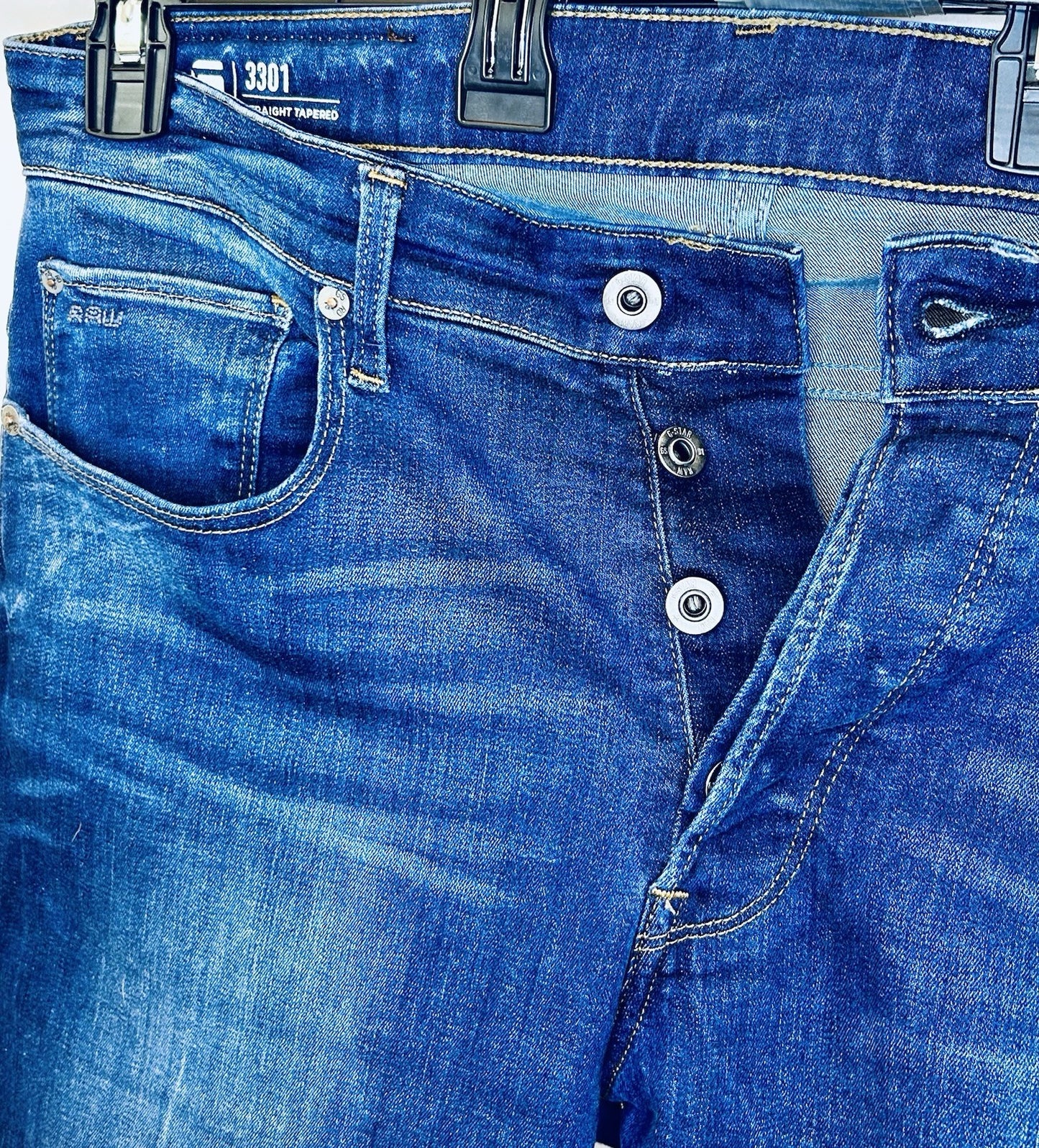 G-Star Raw Jeans Men’s 34x30 Blue Denim Slim 3301 Straight Tapered