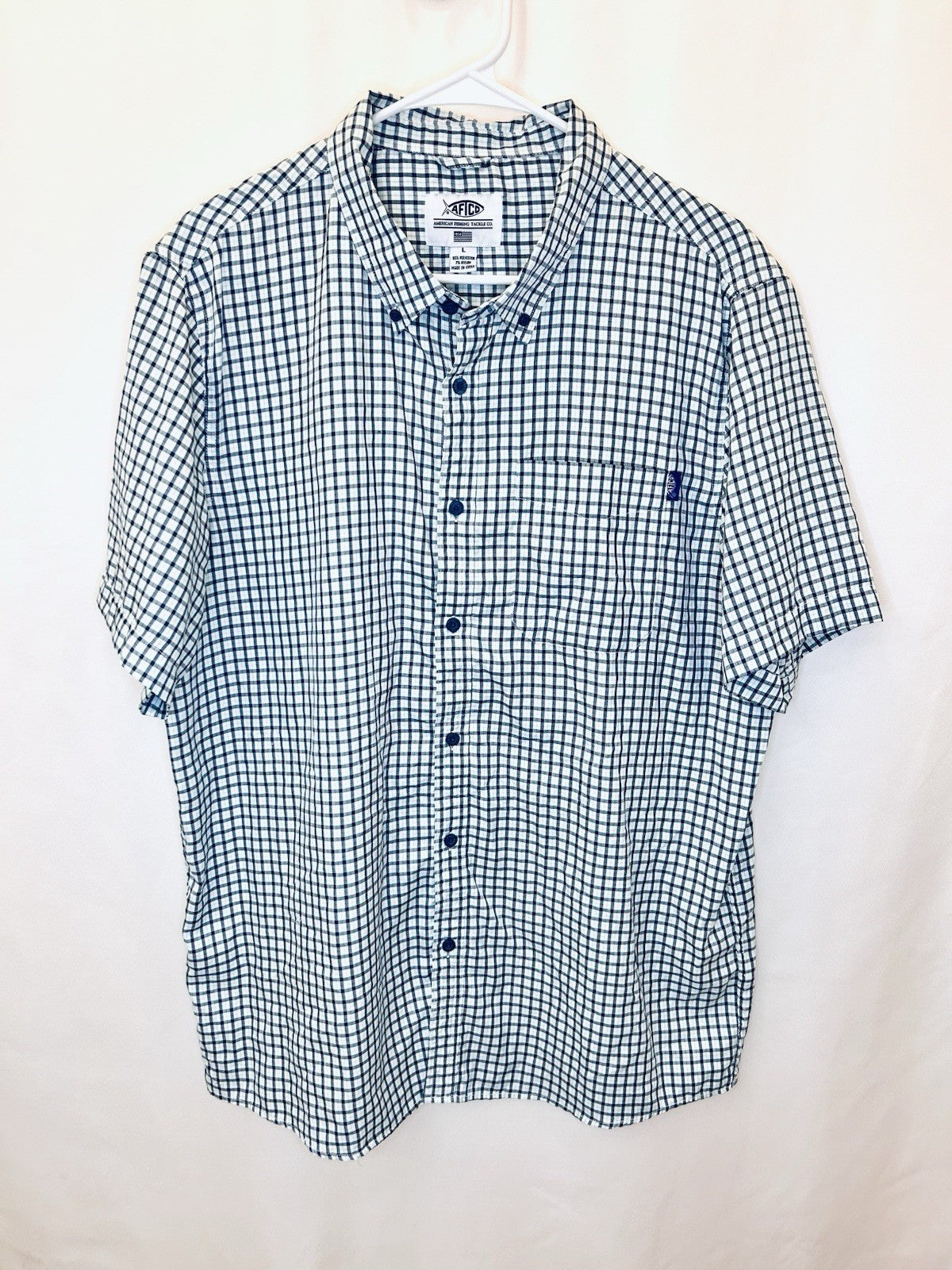 American Fishing Tackle Co AFTCO Mens Large Short Sleeve Blue Shirt Plaid Button