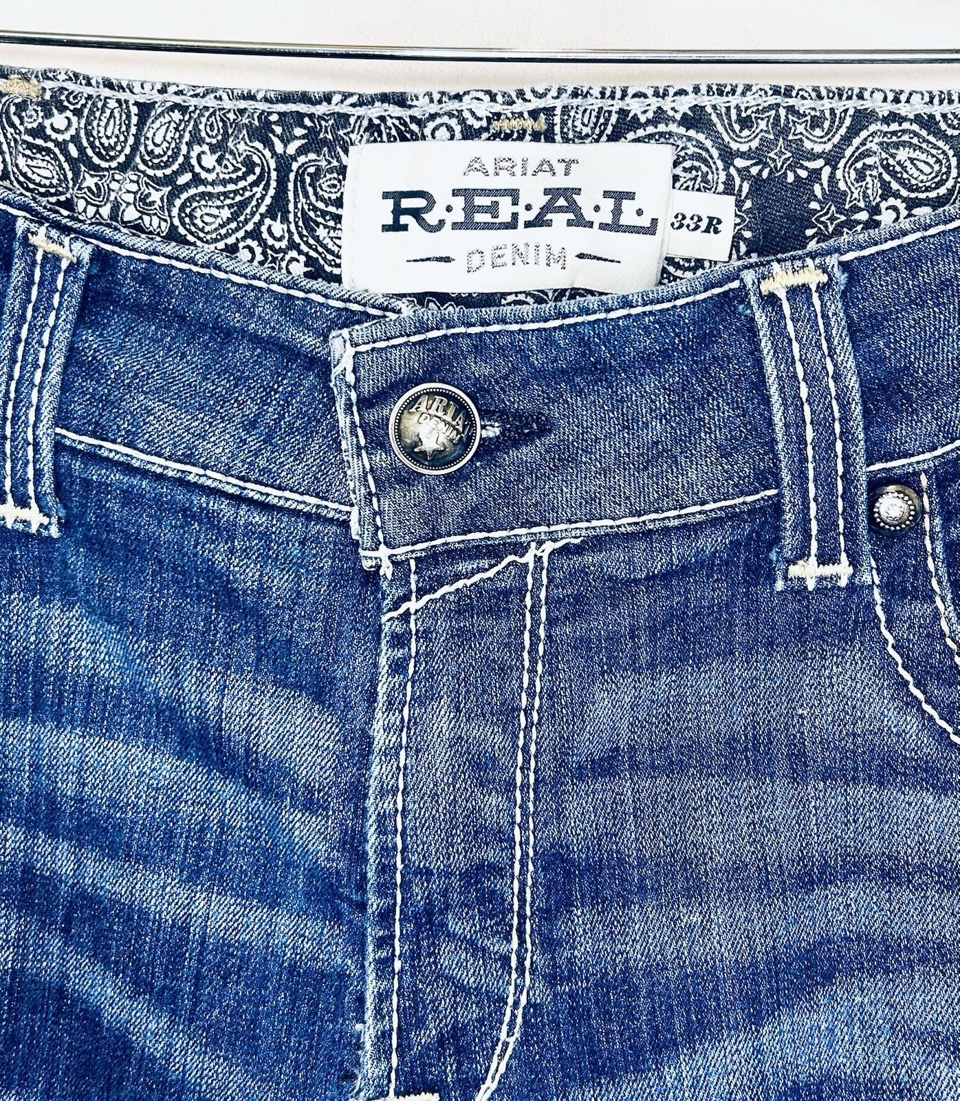 Ariat Real Jeans Women's 33R Blue Denim Mid Rise Bootcut Marine Entwined Stitch