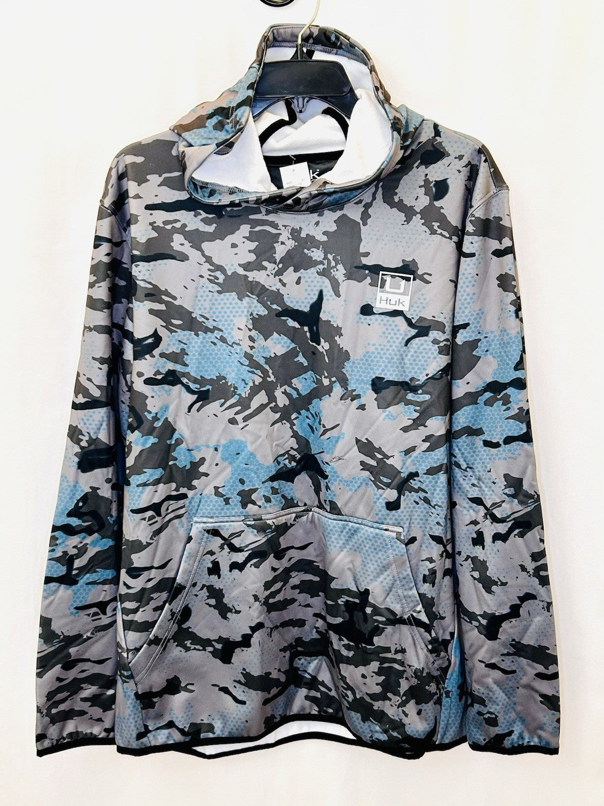 NWT Huk Coldfront+ Performance Logo Hoodie Men’s XL Blue/Grey Camo Pattern