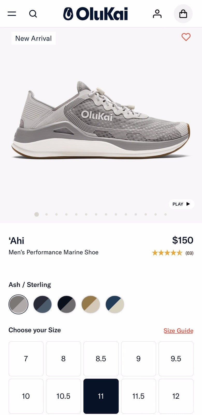 OLUKAI Men's Ahi Water Shoe | Ash/Sterling | Size 11 | $150 Retail