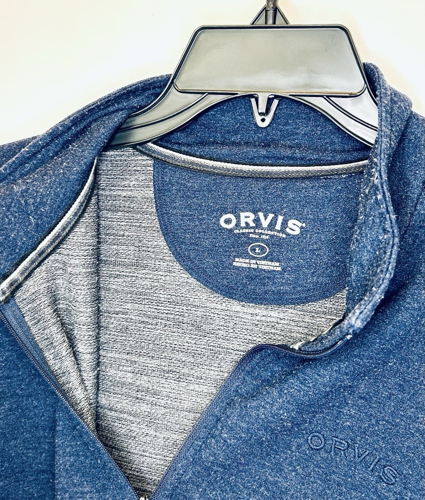 Orvis 1/4 Zip Sweater Mens L Large Heathered Navy Blue Mock Neck Stretch