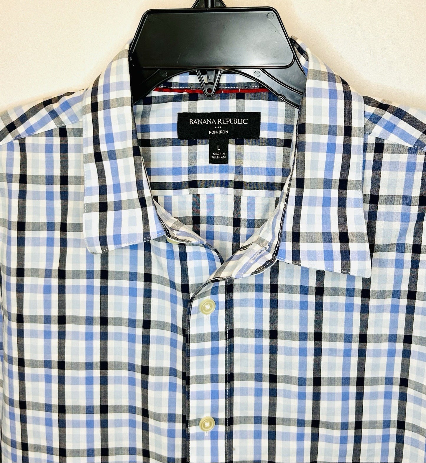 BANANA REPUBLIC Mens Blue Plaid Untucked Fit Shirt Stretch Size L Large