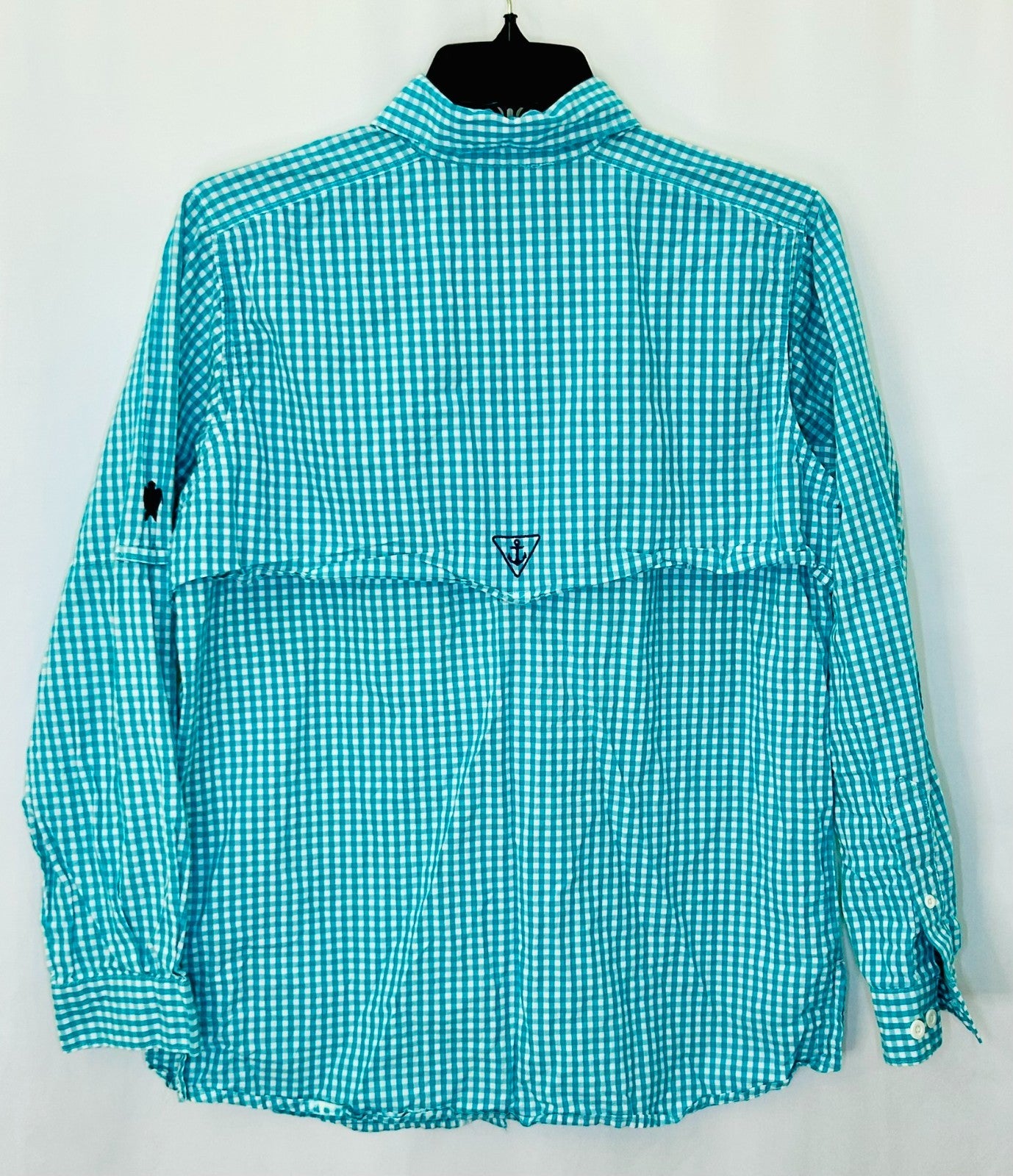 Simply Southern Button Down Shirt Mens Small Teal Green Plaid Logo Collared L/S