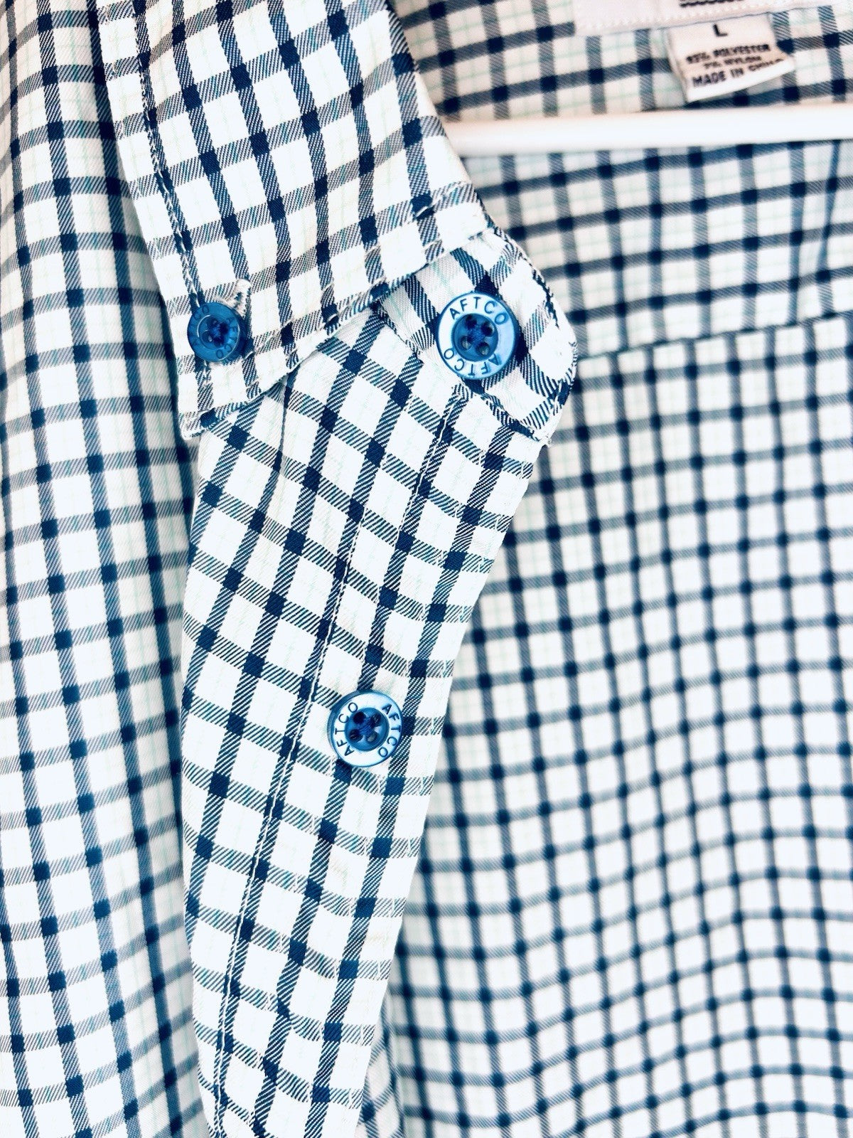 American Fishing Tackle Co AFTCO Mens Large Short Sleeve Blue Shirt Plaid Button