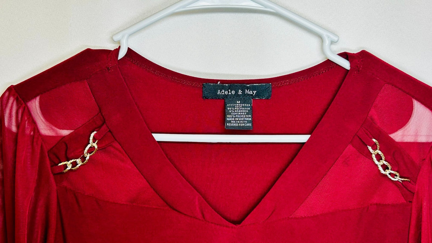 Adele & May Woman's Red Sheer Sleeve V-Neck Blouse Size Medium