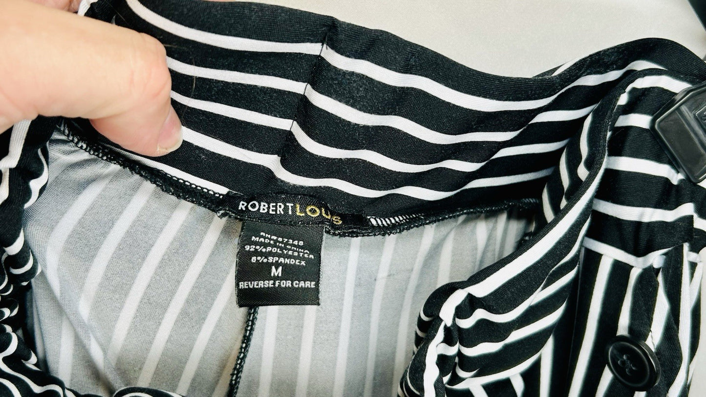 Robert Louis Stretchy Pants White/Black Pen Stripe Size M Pull On Wide Leg