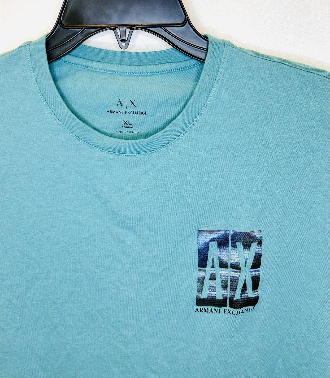 Armani Exchange Men Size XL Graphic Crew T-Shirt Blue Cotton Geometric Authentic