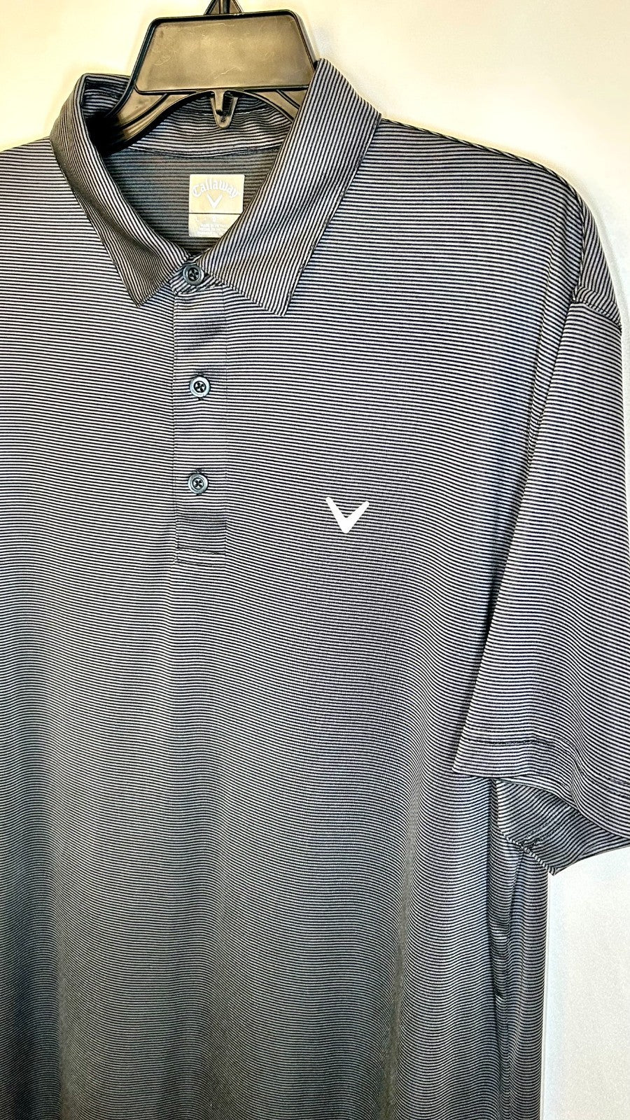 Callaway Polo Shirt Men Large Performance Polyester Stretch Black Silver Striped