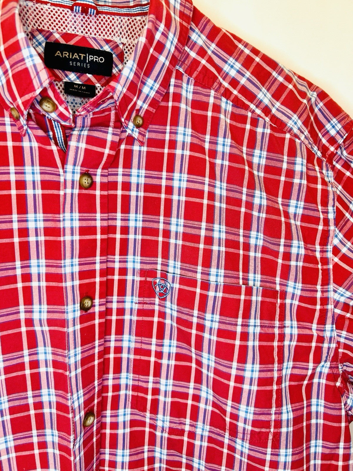 Ariat Pro Series Shirt Mens M Red Check Western Cowboy Short Sleeve Button Down