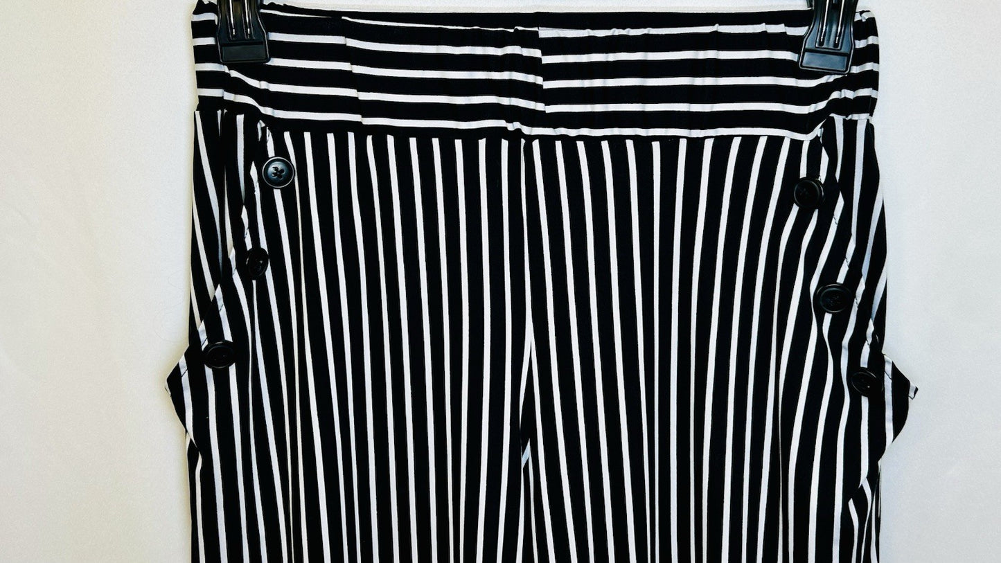Robert Louis Stretchy Pants White/Black Pen Stripe Size M Pull On Wide Leg
