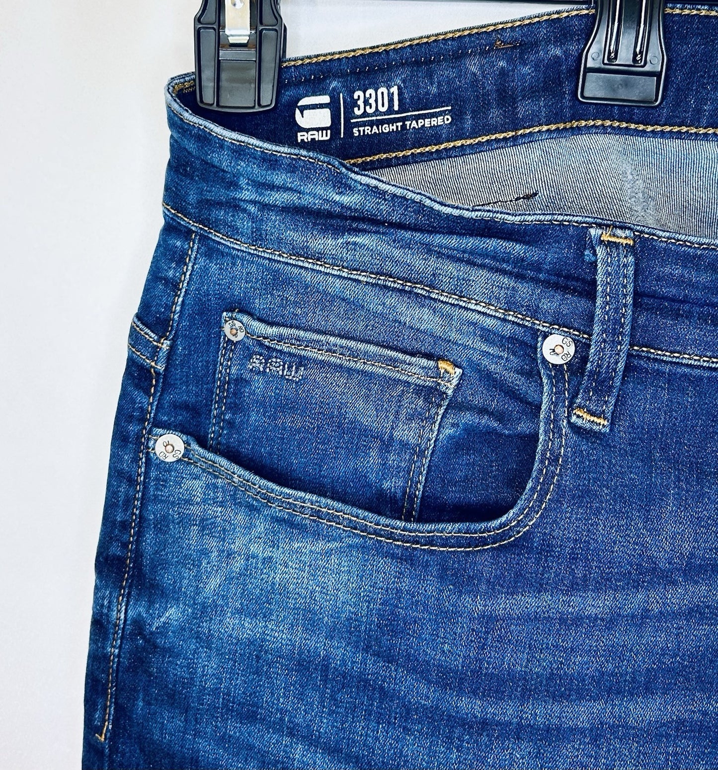 G-Star Raw Jeans Men’s 34x30 Blue Denim Slim 3301 Straight Tapered