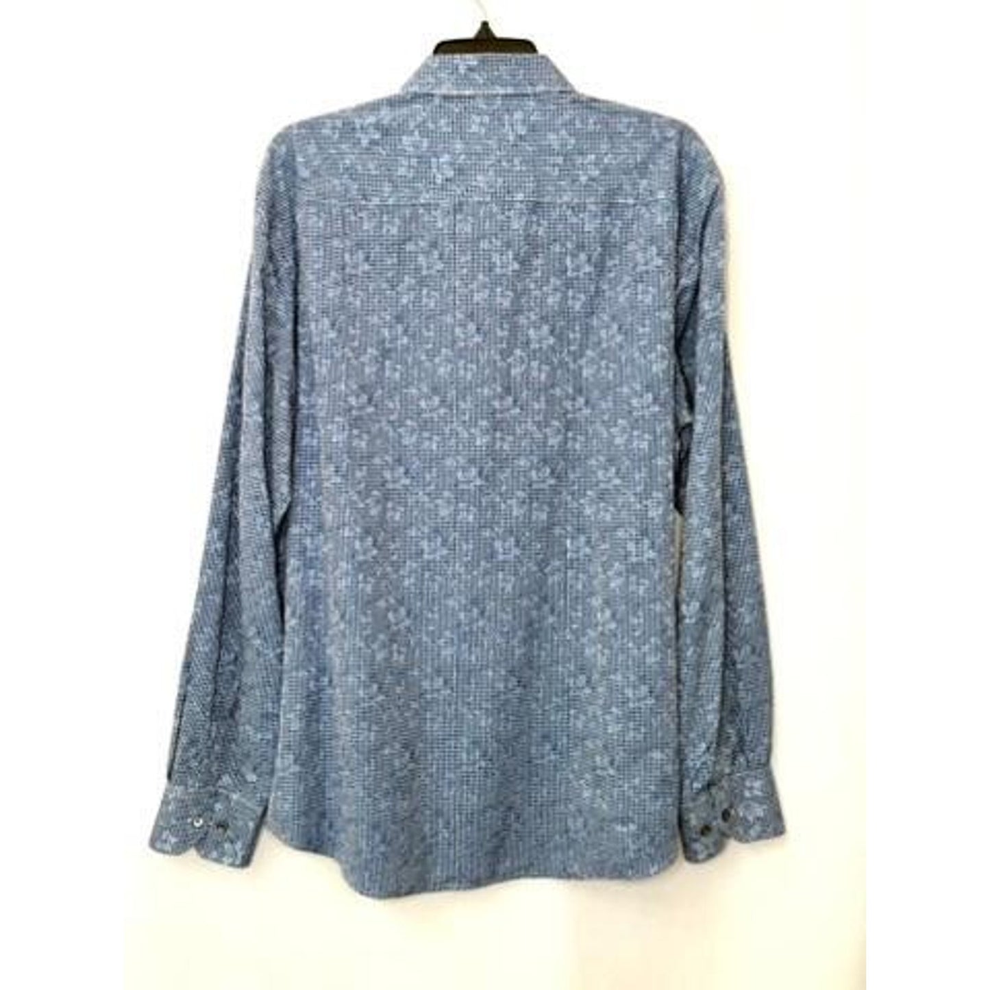 Bugatchi Uomo Shirt Mens Large Blue Gingham Floral Long Sleeve Shaped Fit Cotton