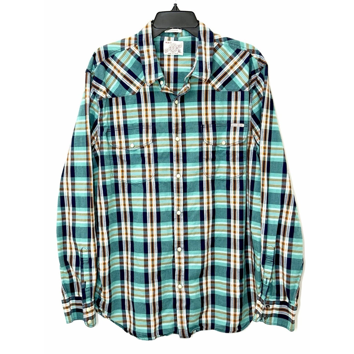 Lucky Brand Men’s XL Western Pearl Snap Shirt Plaid Green Teal Flannel EUC