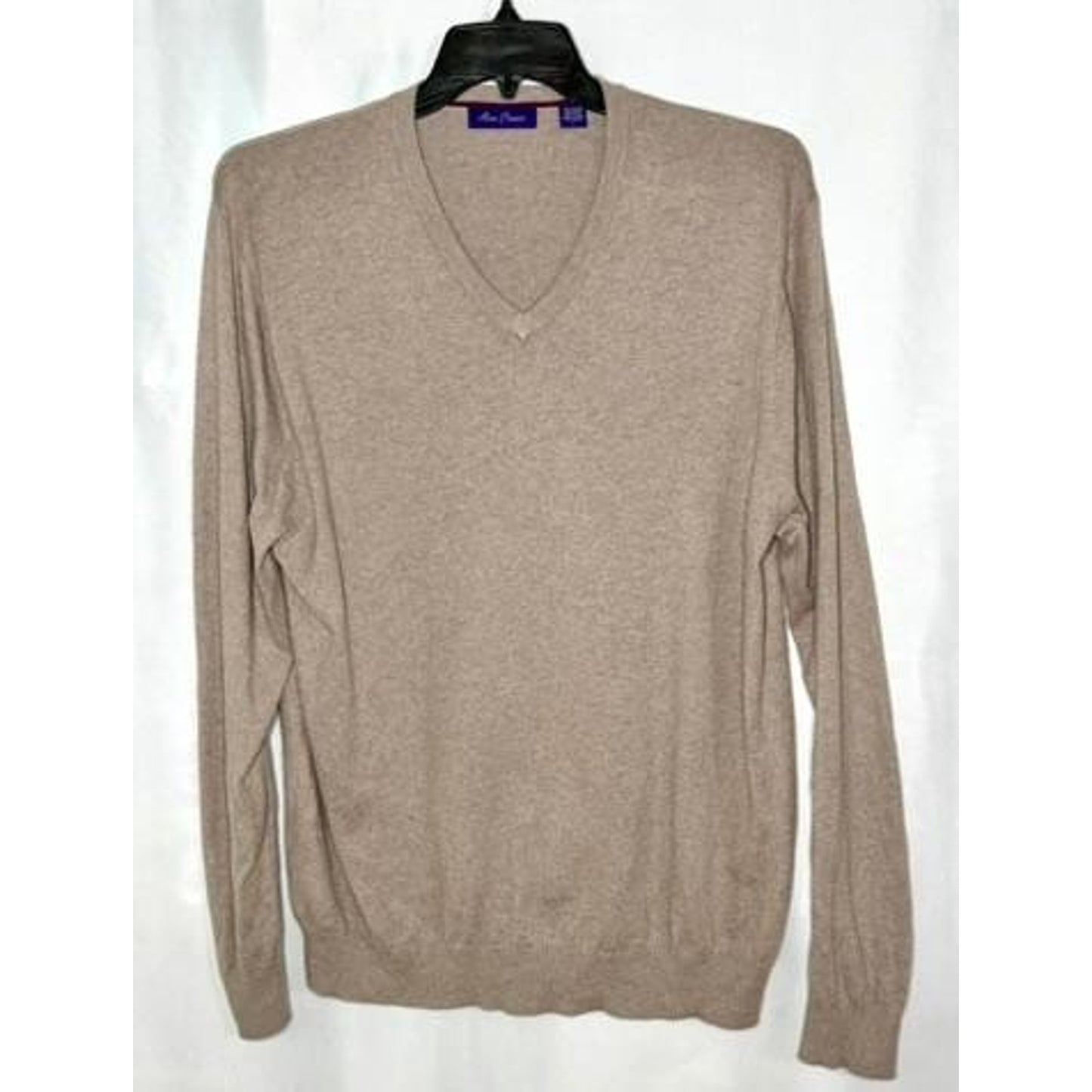 Alan Flusser Sweater Mens Large Beige V-Neck Cotton Blend Knit Pullover