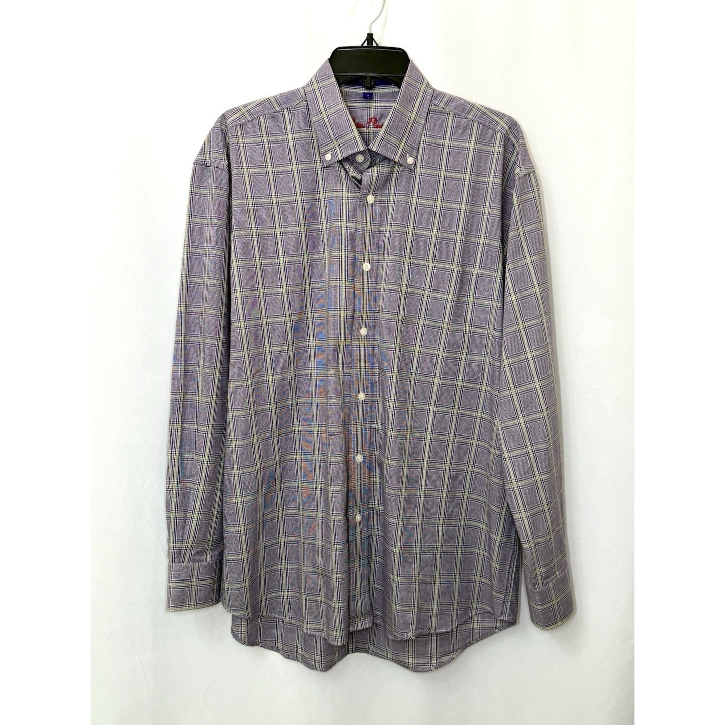 Alan Flusser Men's L Purple Lavender Plaid Check Button Up Long Sleeve Shirt