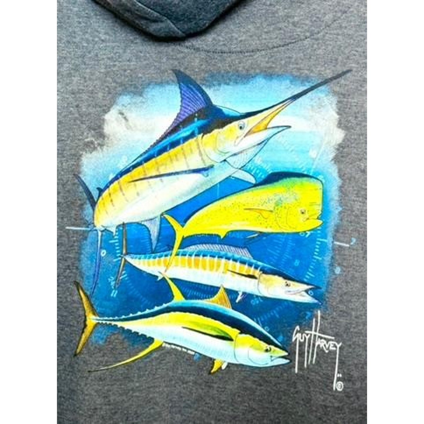 Guy Harvey Hoodie Mens XXL Blue Heather Marlin Tuna Mahi Mahi Fishing Sweatshirt
