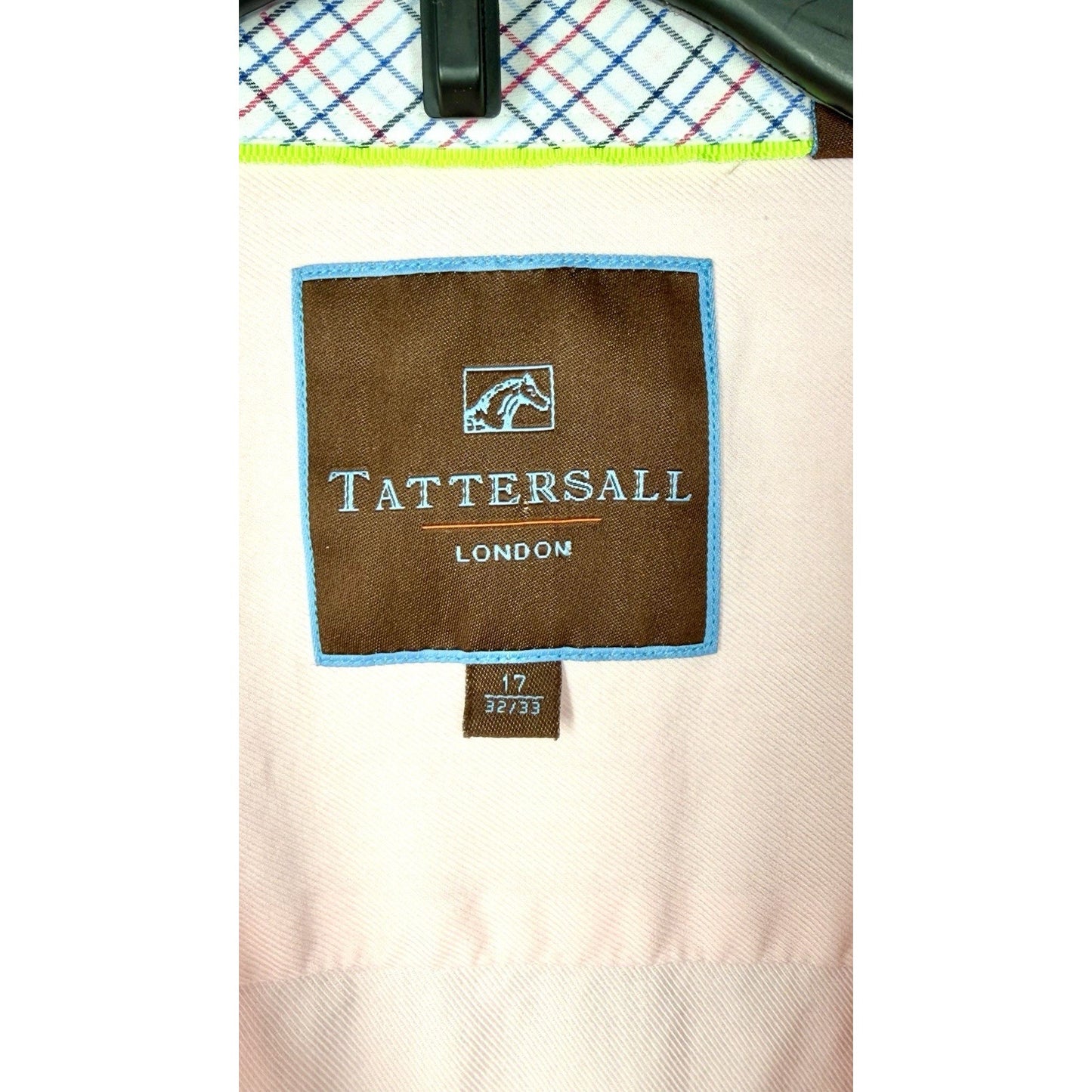 Tattersal London shirt men's large 17 32-33 pink white check long sleeve