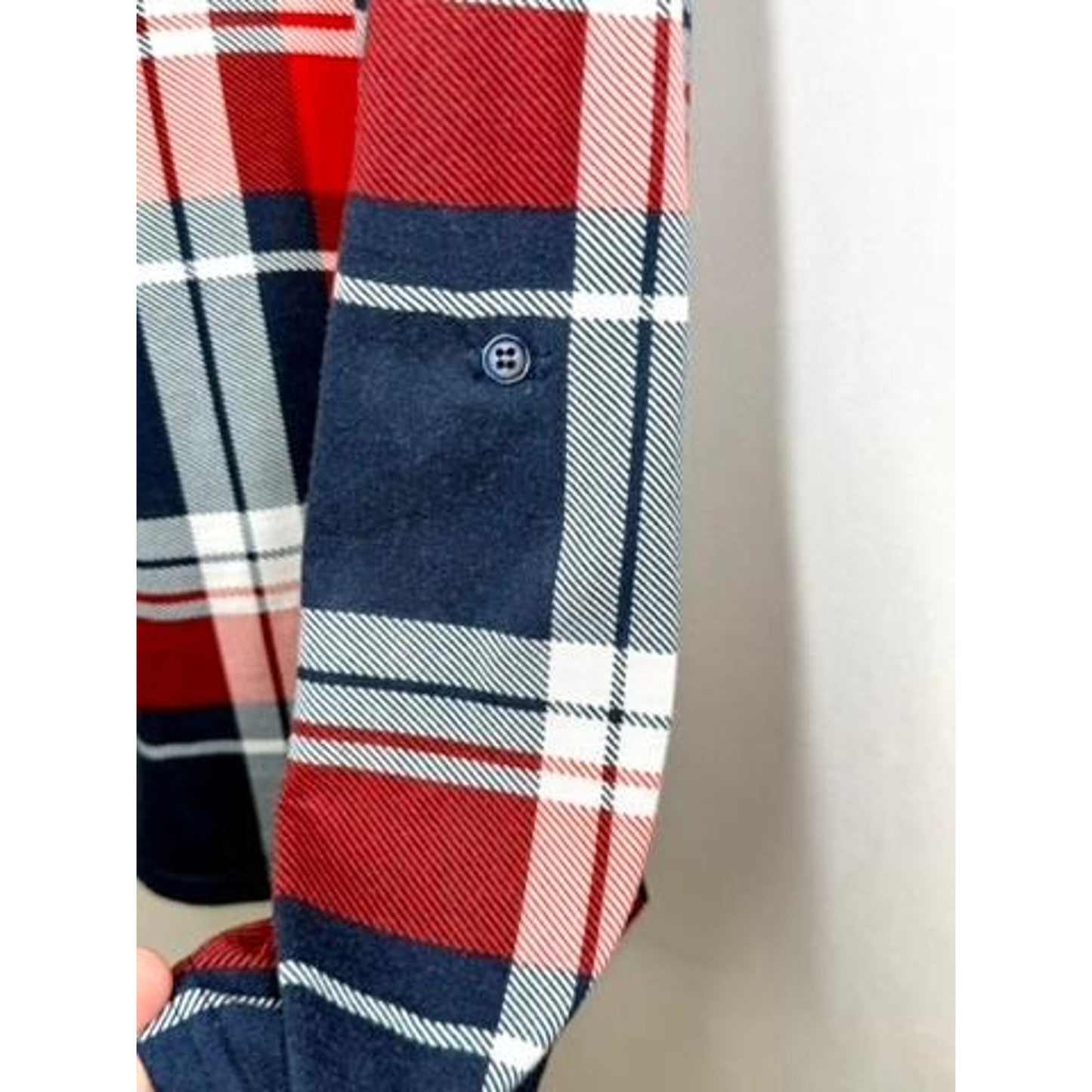 New York Laundry Plaid Button Up Shirt Womens Large Red Blue Roll Tab Sleeve