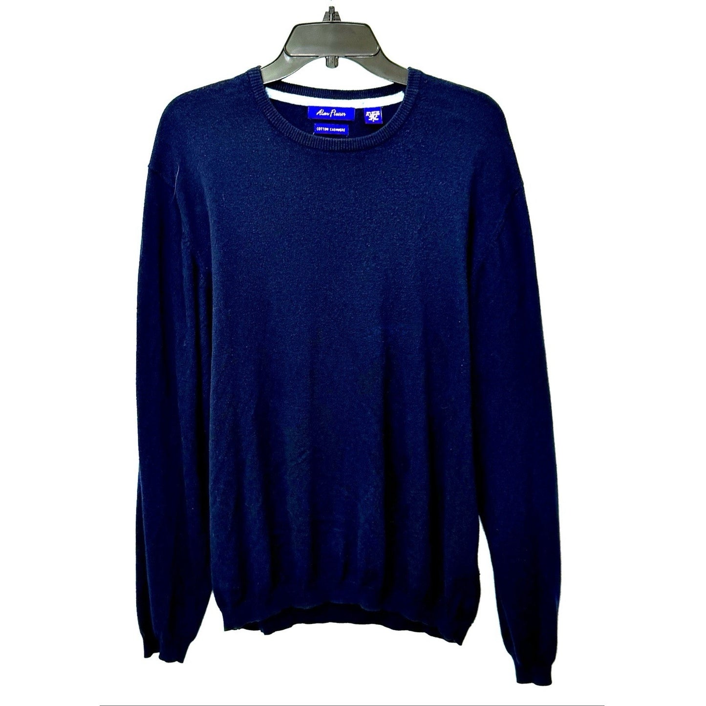 Alan Flusser Men’s Large Pullover Sweater Cotton Cashmere Blue Argyle Crew Neck