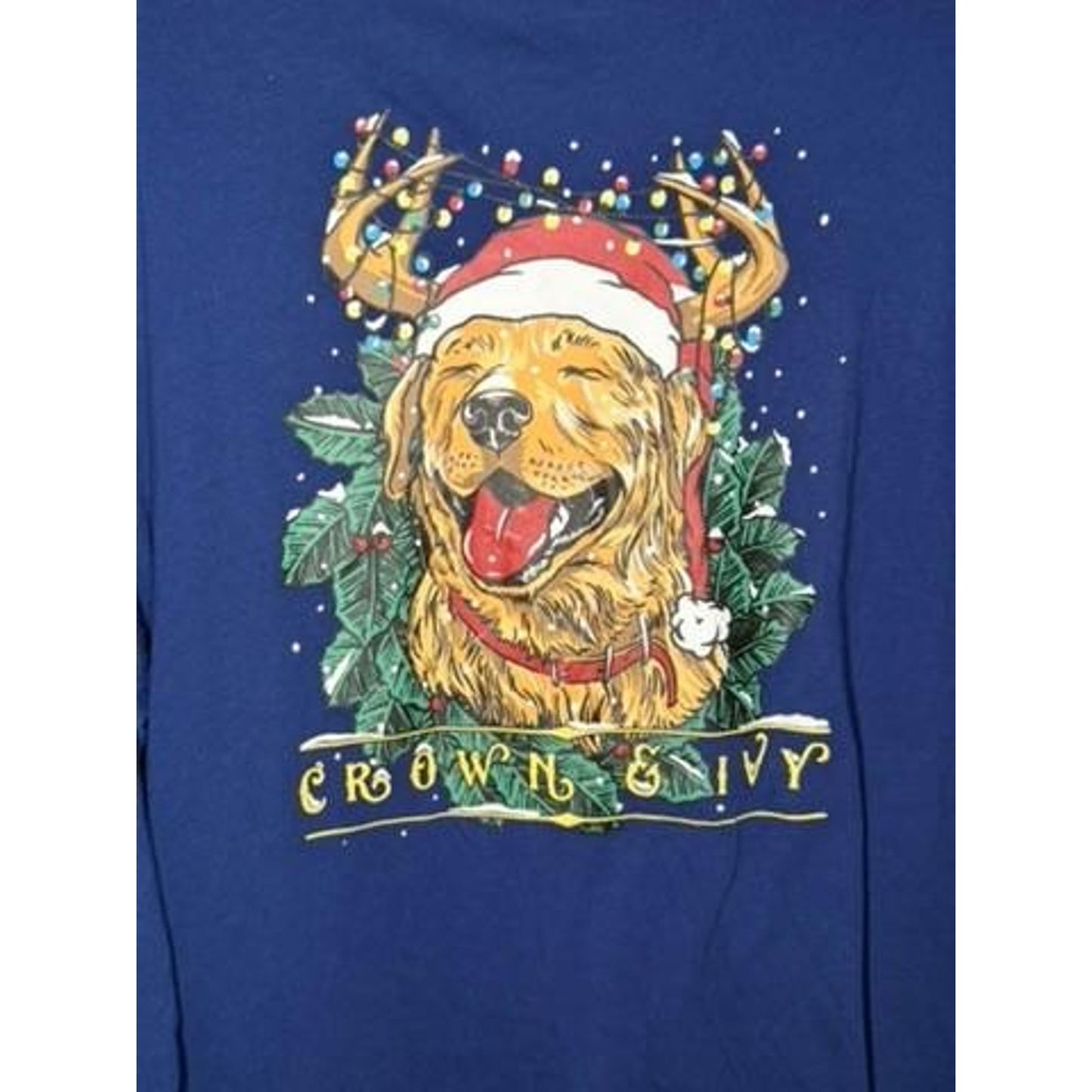 Crown & Ivy Christmas Golden Retriever Long Sleeve T-Shirt Mens Large Blue Dog