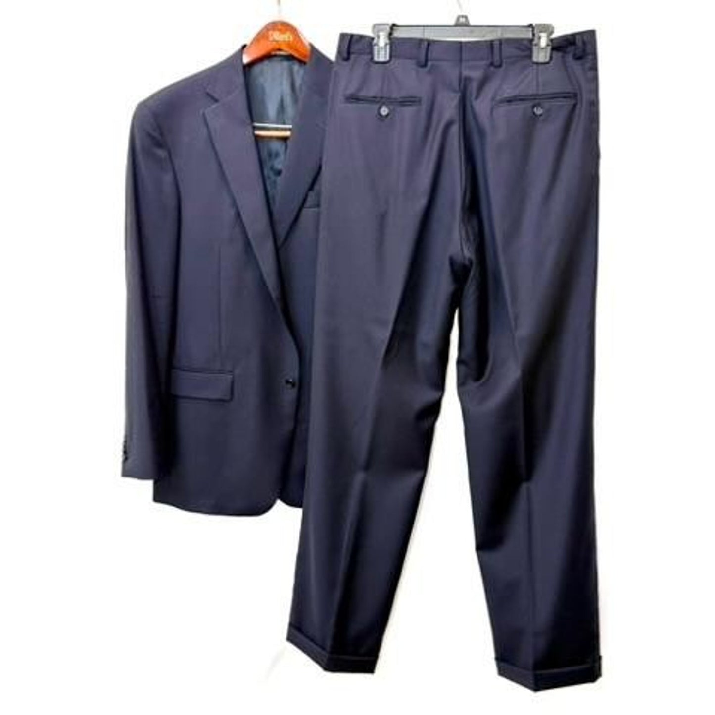 Hart Schaffner Marx Mens 2 Piece Suit 41L Navy Blue Wool Blend Pleated Pants USA
