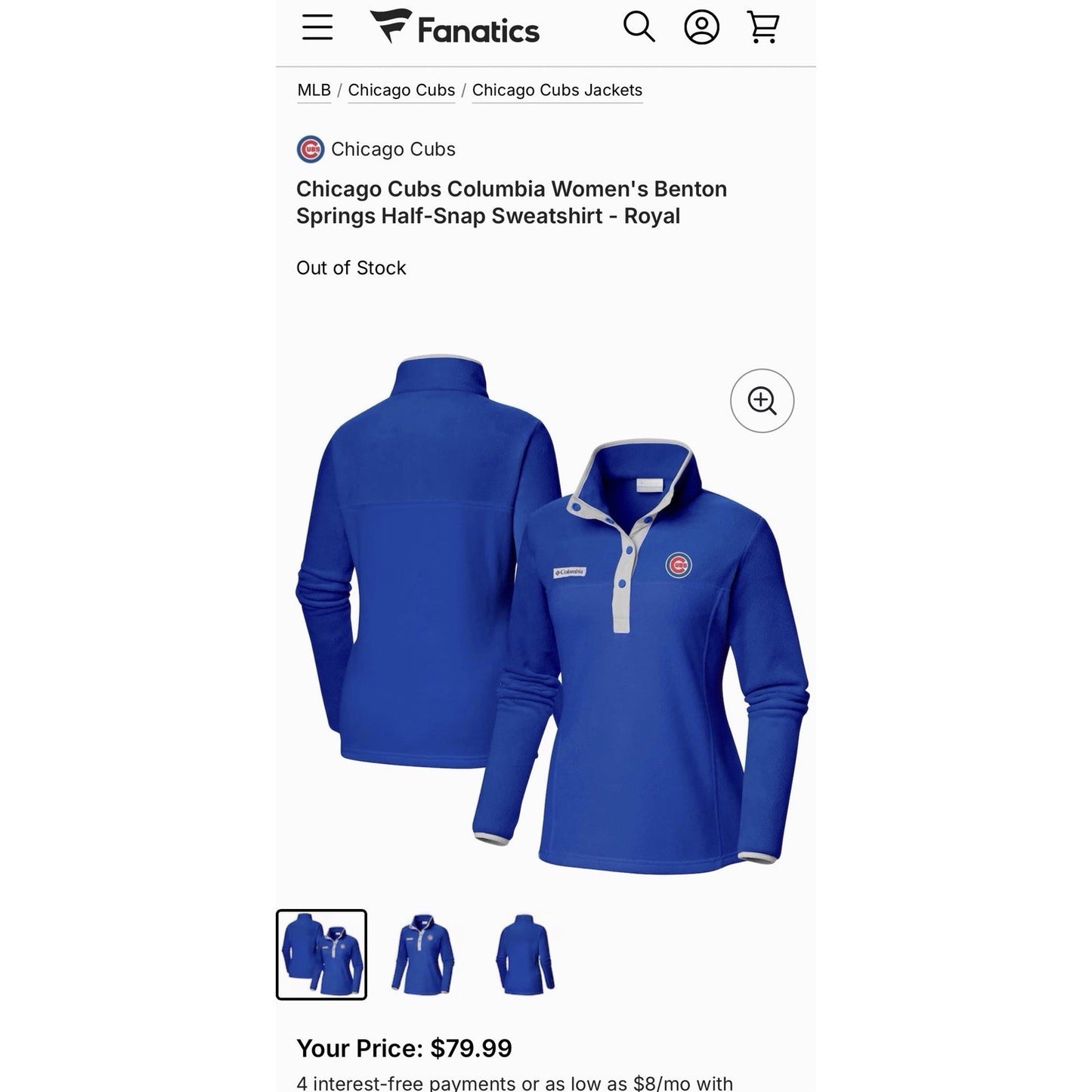 Columbia Women’s 1/4 Snap Fleece Pullover MLB Chicago Cubs Blue Large NWOT