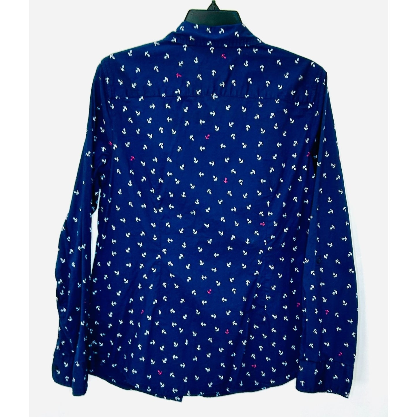 Tommy Hilfiger Women's Large Blue Button Up Shirt Anchor Print Top Long Sleeve