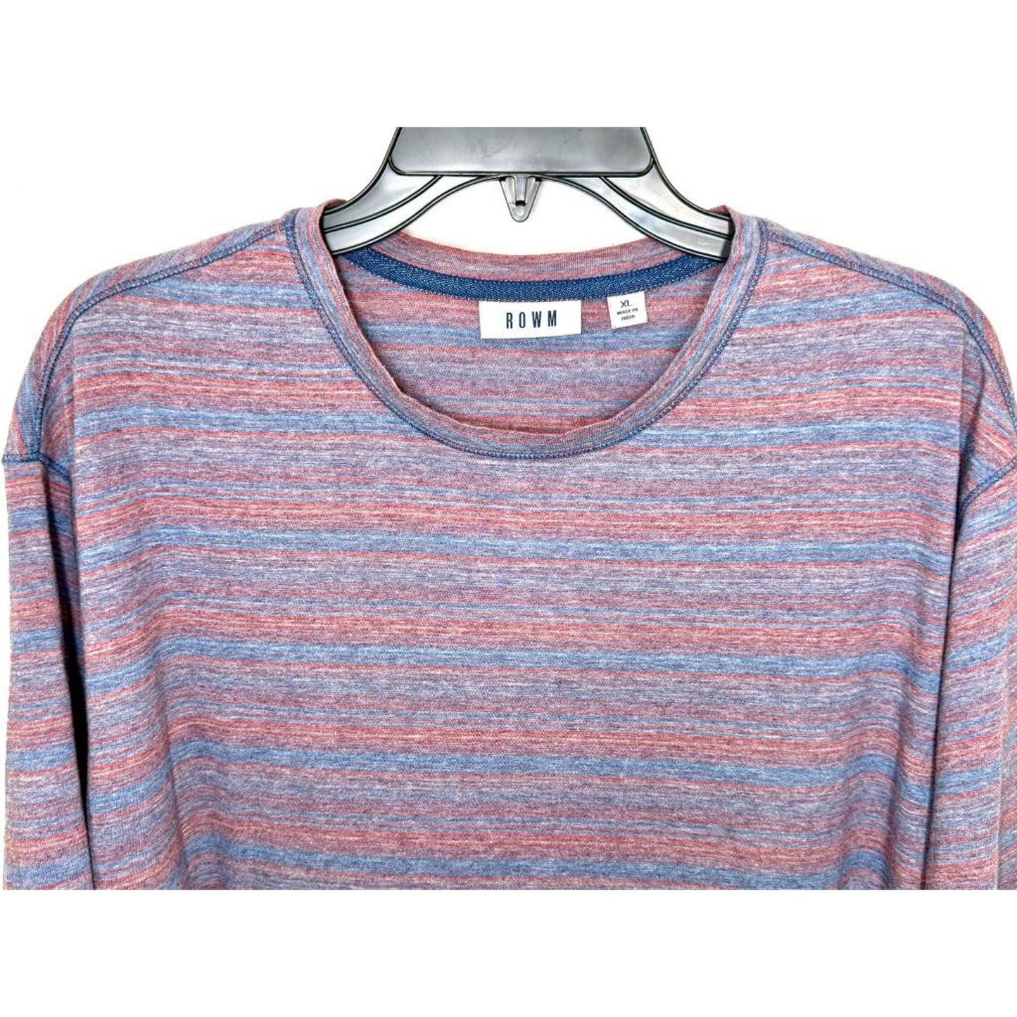 ROWM Striped T-Shirt Mens XL Blue Red Heathered Crew Neck Short Sleeve Cotton