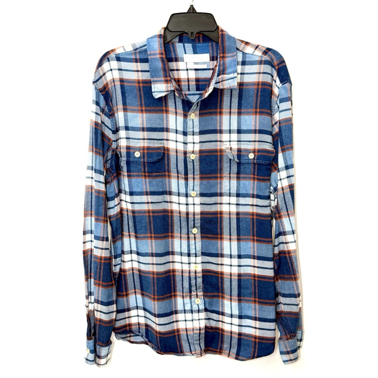 Lucky Brand Men's XL Flannel Shirt Classic Fit Blue Orange Plaid Double Pocket