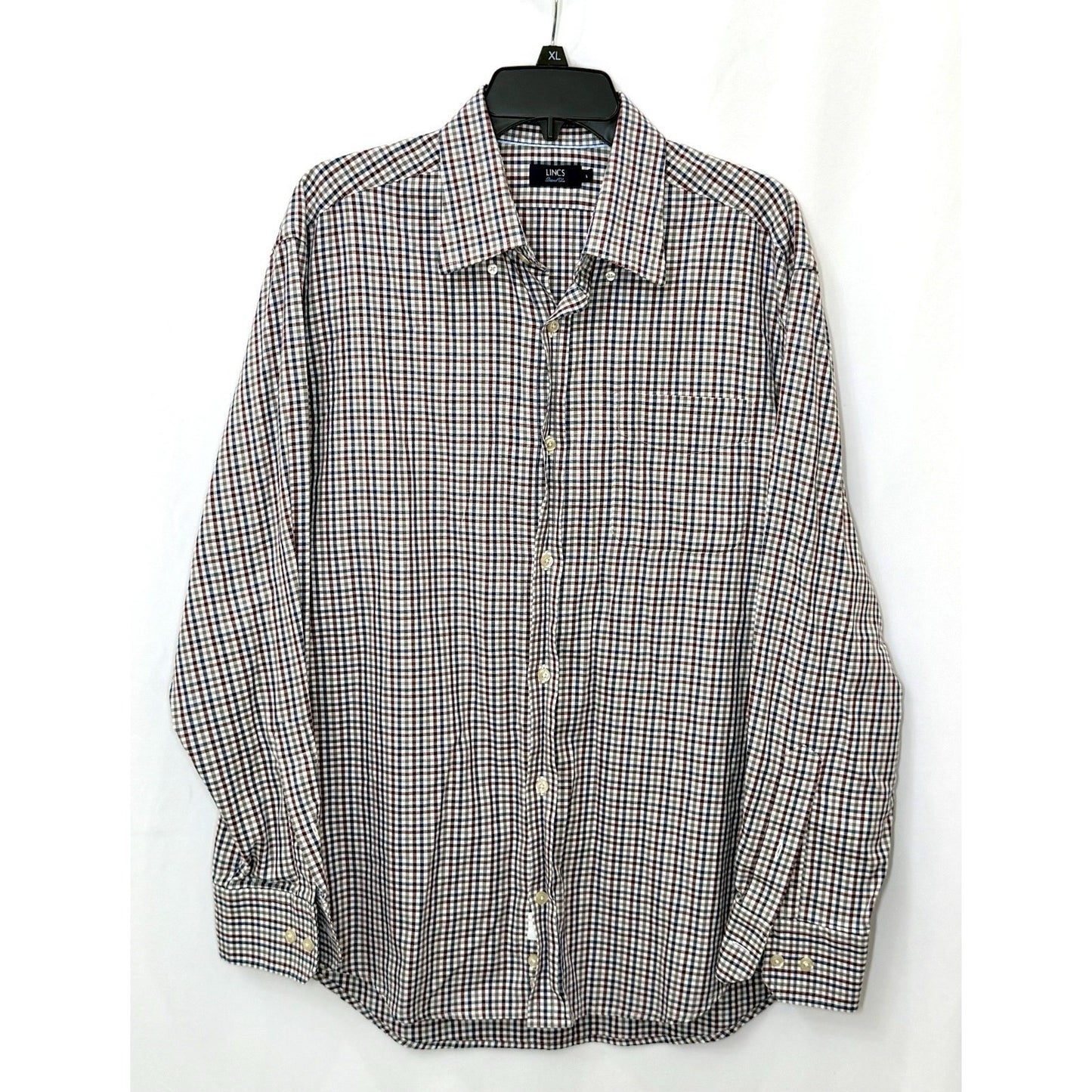 Lincs by David Chu Men’s Large L/S Button Down Shirt Red Blue Plaid Cotton