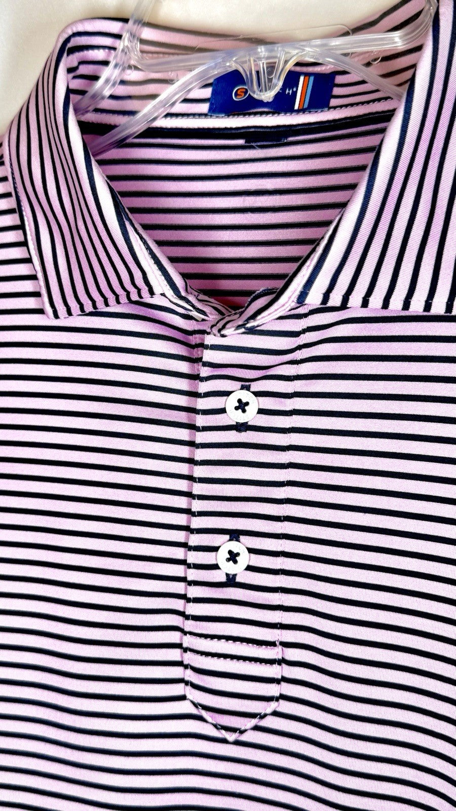 Stitch Golf Polo Shirt Men’s Large Pink Blue Stripe Poly Spandex Peru